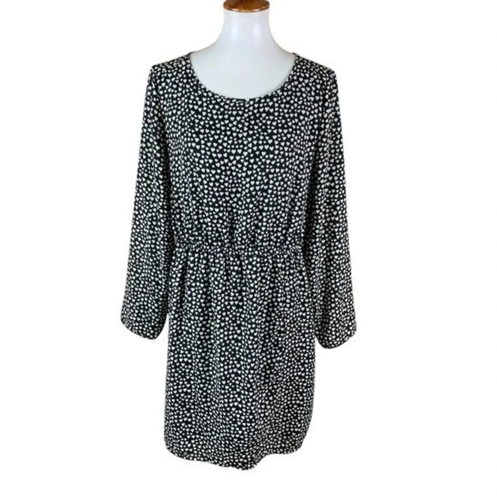J Crew‎ Mercantile Black White Heart Print Long Sleeve Dress 14 Elastic Waist